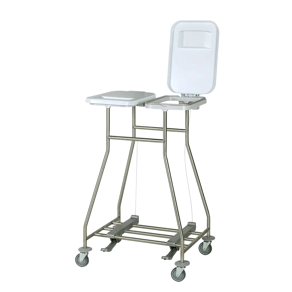 Soiled linen trolleys designed for the safe collection and handling of used hospital laundry.