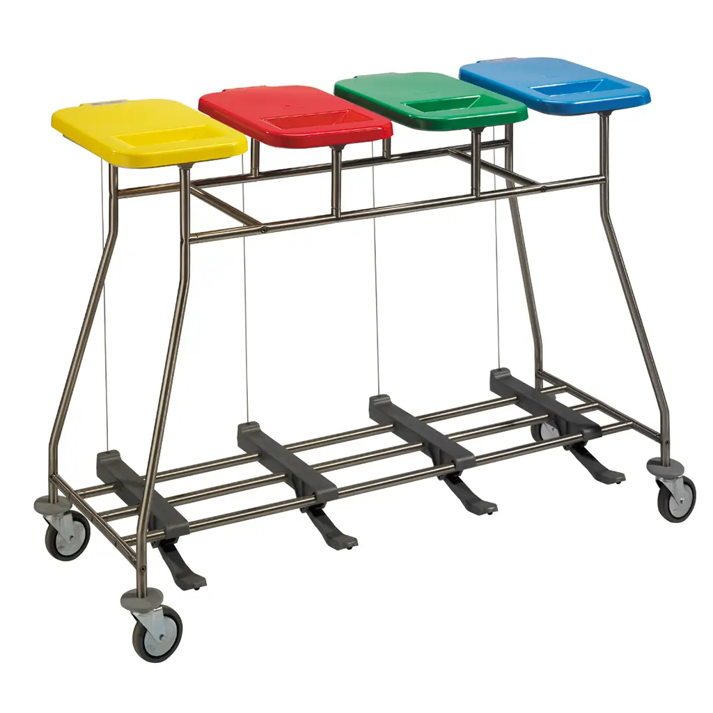 Soiled linen trolleys designed for the safe collection and handling of used hospital laundry. Quadruple Bag