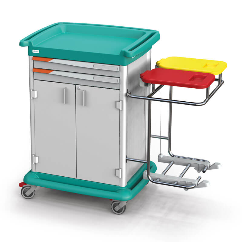 Essential linen trolley with double hinged door and drawers