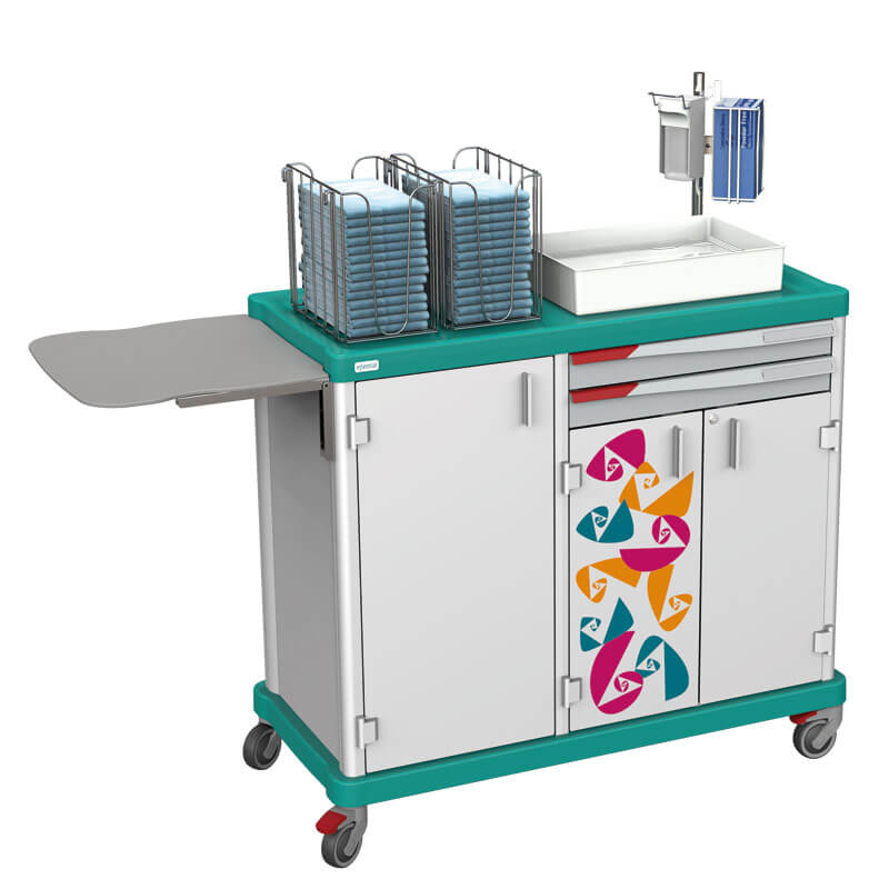 Essential clinical linen trolley with lockable storage, FH drawers and integrated accessory system